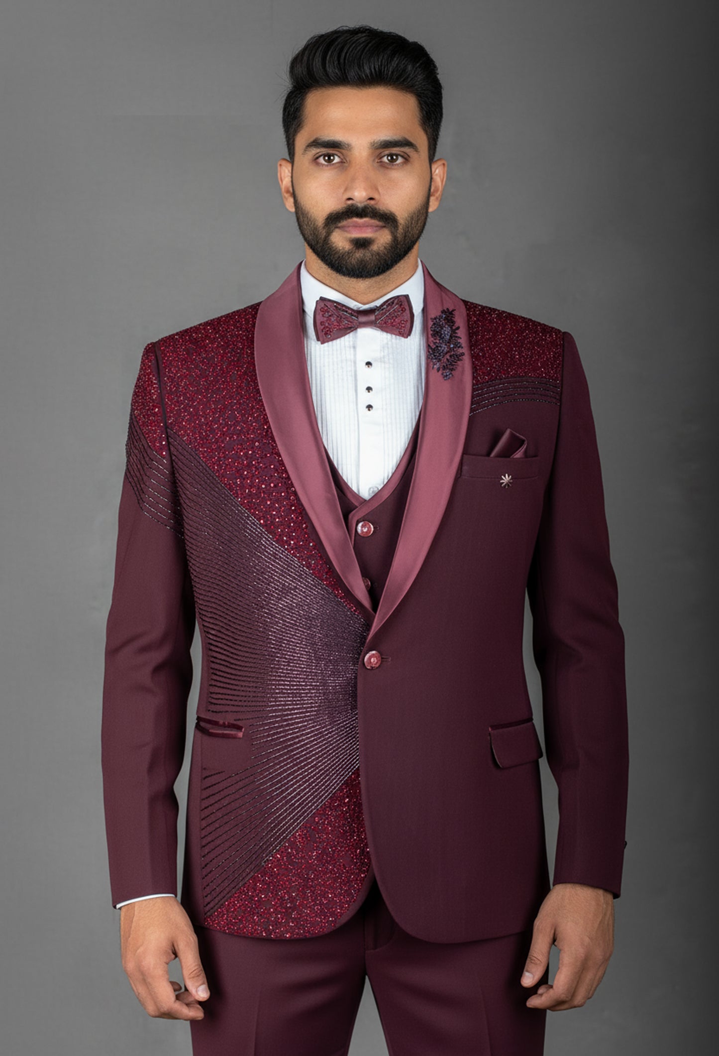 Maroon Embroidered Tuxedo Suit for Men – Luxury Wedding & Reception Wear
