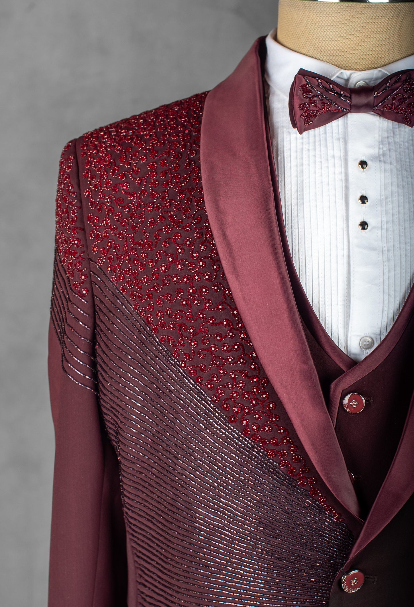 Maroon Embroidered Tuxedo Suit for Men – Luxury Wedding & Reception Wear