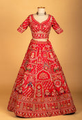 Red Heritage Embroidered Bridal Crop Top Lehenga Set with Net Dupatta