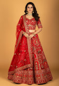 Red Heritage Embroidered Bridal Crop Top Lehenga Set with Net Dupatta
