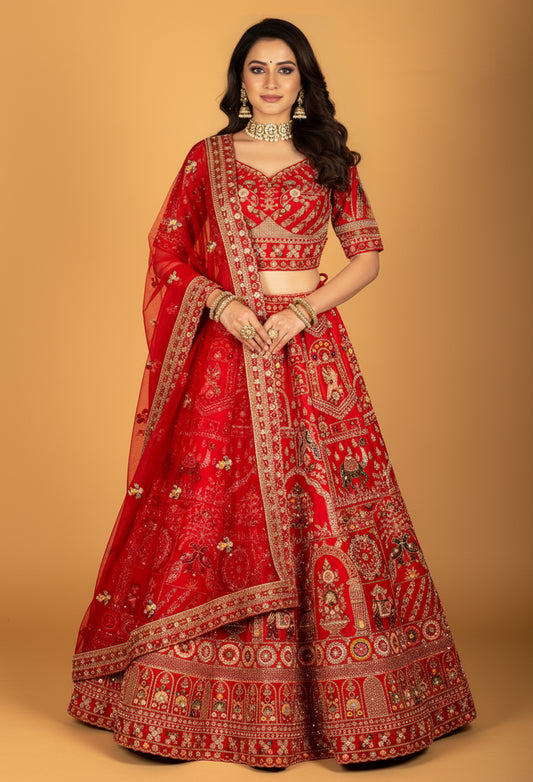 Red Heritage Embroidered Bridal Crop Top Lehenga Set with Net Dupatta