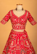 Red Heritage Embroidered Bridal Crop Top Lehenga Set with Net Dupatta