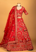 Red Heritage Embroidered Bridal Crop Top Lehenga Set with Net Dupatta