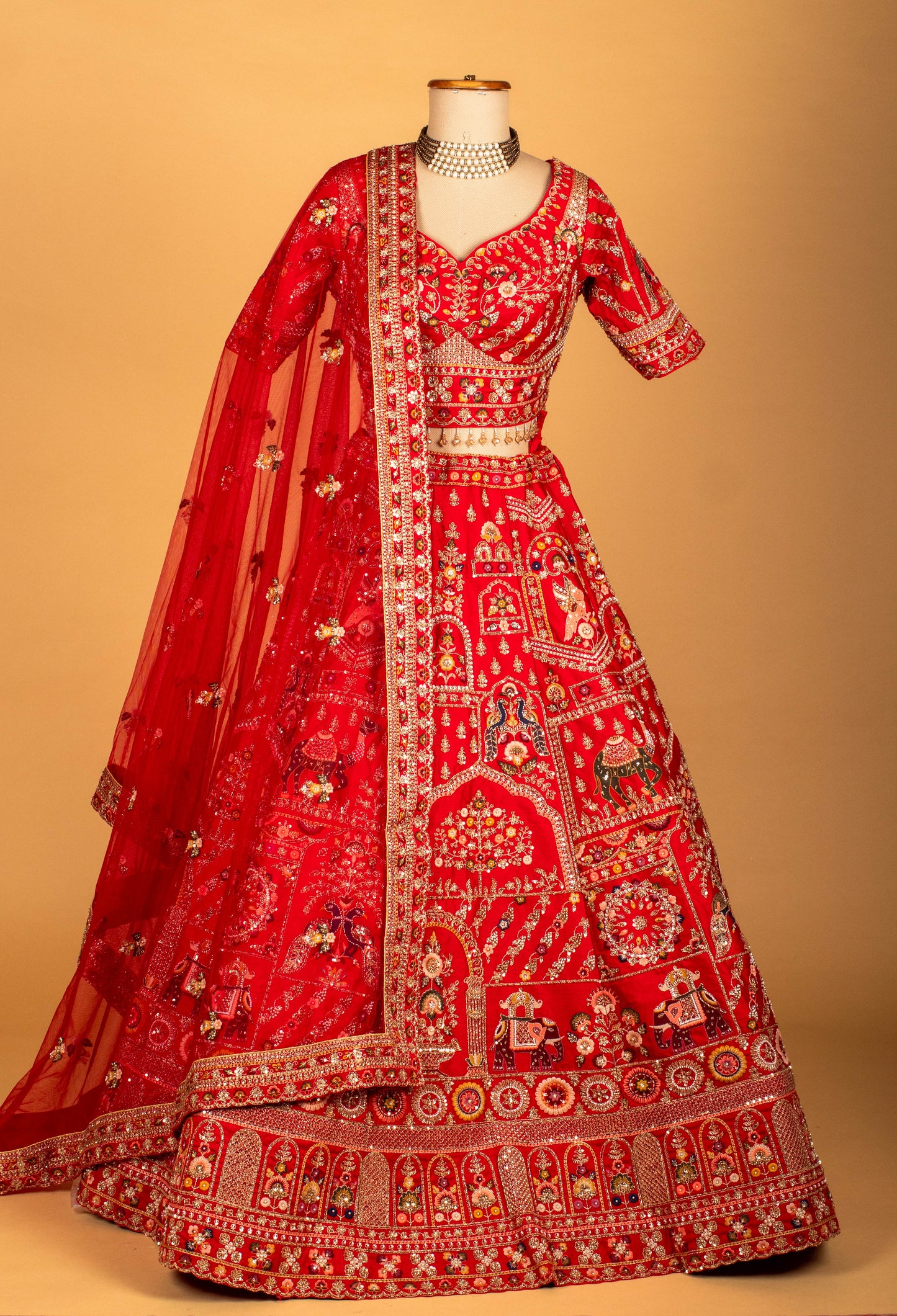 Red Heritage Embroidered Bridal Crop Top Lehenga Set with Net Dupatta