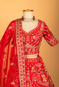 Red Heritage Embroidered Bridal Crop Top Lehenga Set with Net Dupatta