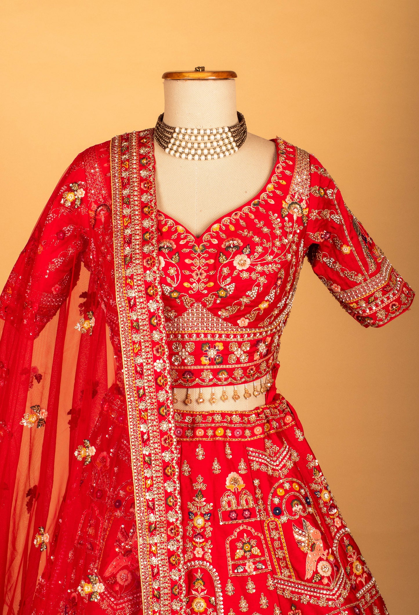 Red Heritage Embroidered Bridal Crop Top Lehenga Set with Net Dupatta