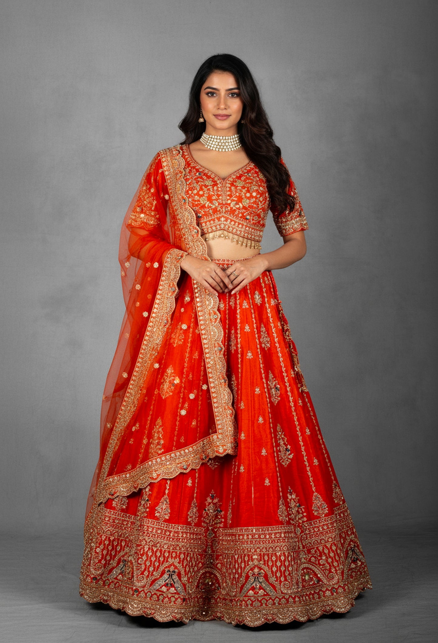 Orange-Red Embroidered Bridal Crop Top Lehenga Set with Net Dupatta