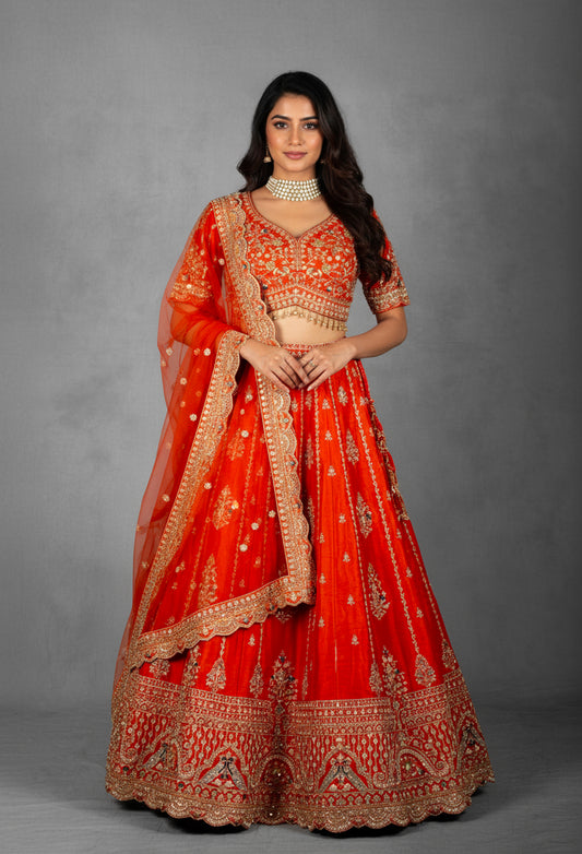 Orange-Red Embroidered Bridal Crop Top Lehenga Set with Net Dupatta