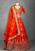Orange-Red Embroidered Bridal Crop Top Lehenga Set with Net Dupatta