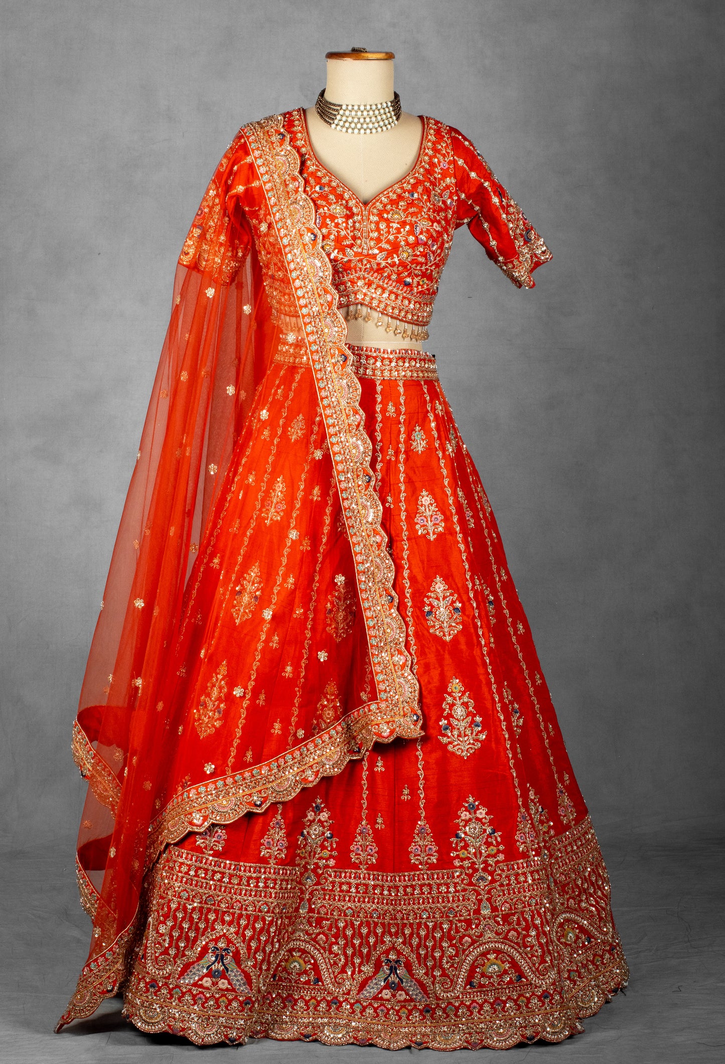 Orange-Red Embroidered Bridal Crop Top Lehenga Set with Net Dupatta