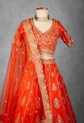 Orange-Red Embroidered Bridal Crop Top Lehenga Set with Net Dupatta