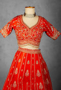 Orange-Red Embroidered Bridal Crop Top Lehenga Set with Net Dupatta