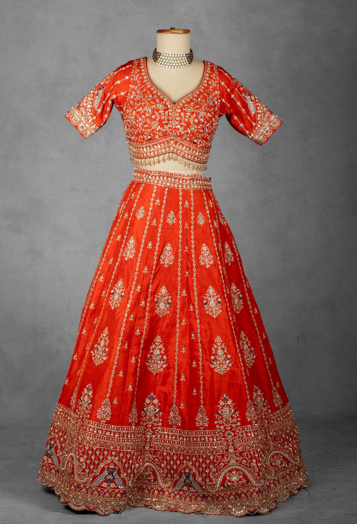 Orange-Red Embroidered Bridal Crop Top Lehenga Set with Net Dupatta