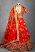 Orange-Red Embroidered Bridal Crop Top Lehenga Set with Net Dupatta