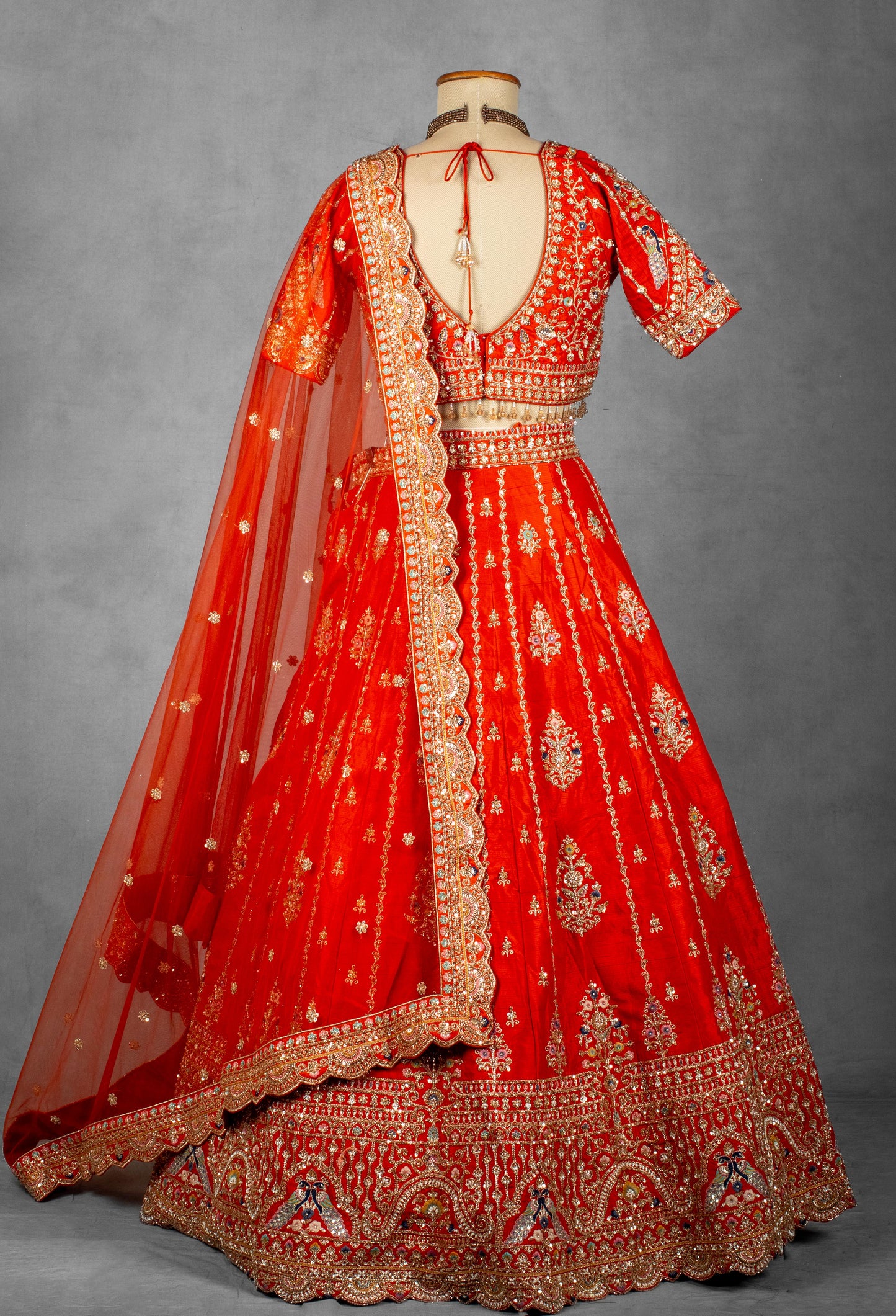 Orange-Red Embroidered Bridal Crop Top Lehenga Set with Net Dupatta