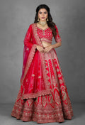 Red Embroidered Bridal Crop Top Lehenga Set with Net Dupatta