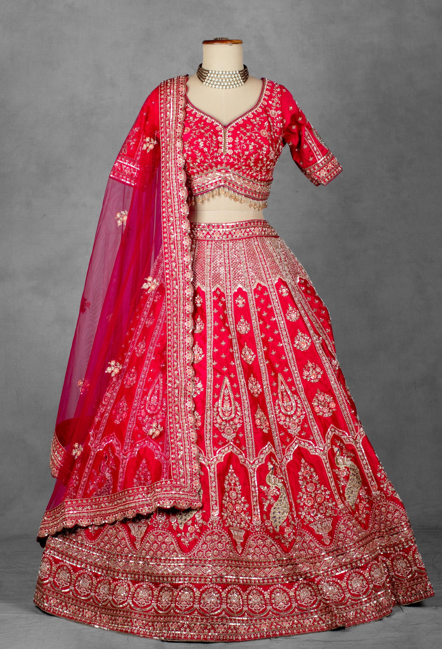 Red Embroidered Bridal Crop Top Lehenga Set with Net Dupatta