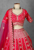 Red Embroidered Bridal Crop Top Lehenga Set with Net Dupatta