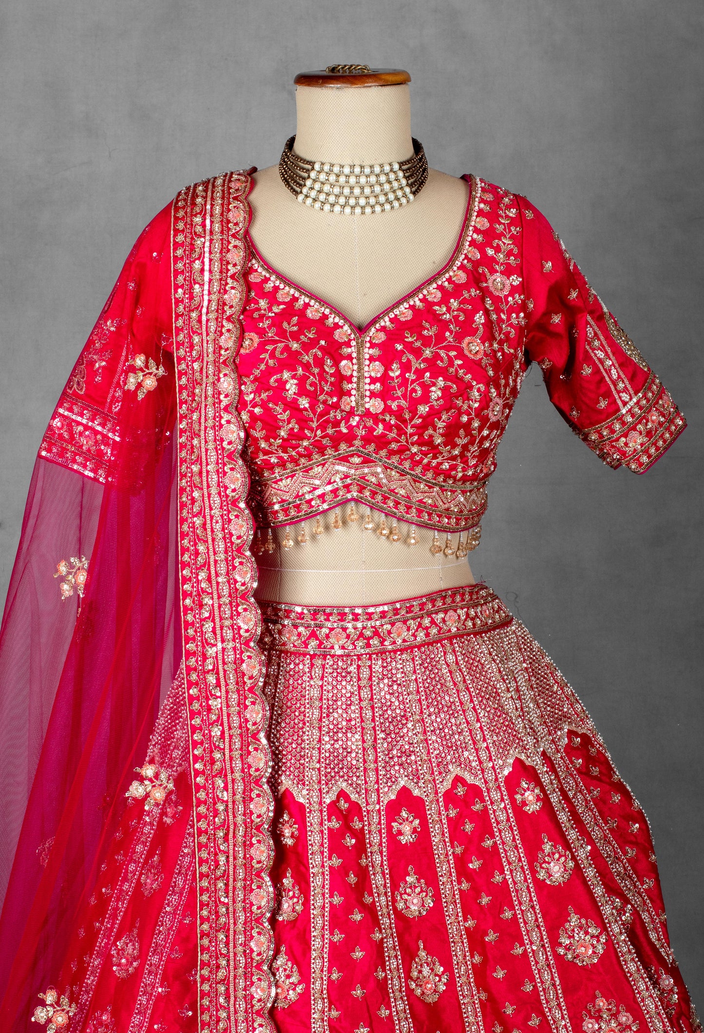 Red Embroidered Bridal Crop Top Lehenga Set with Net Dupatta