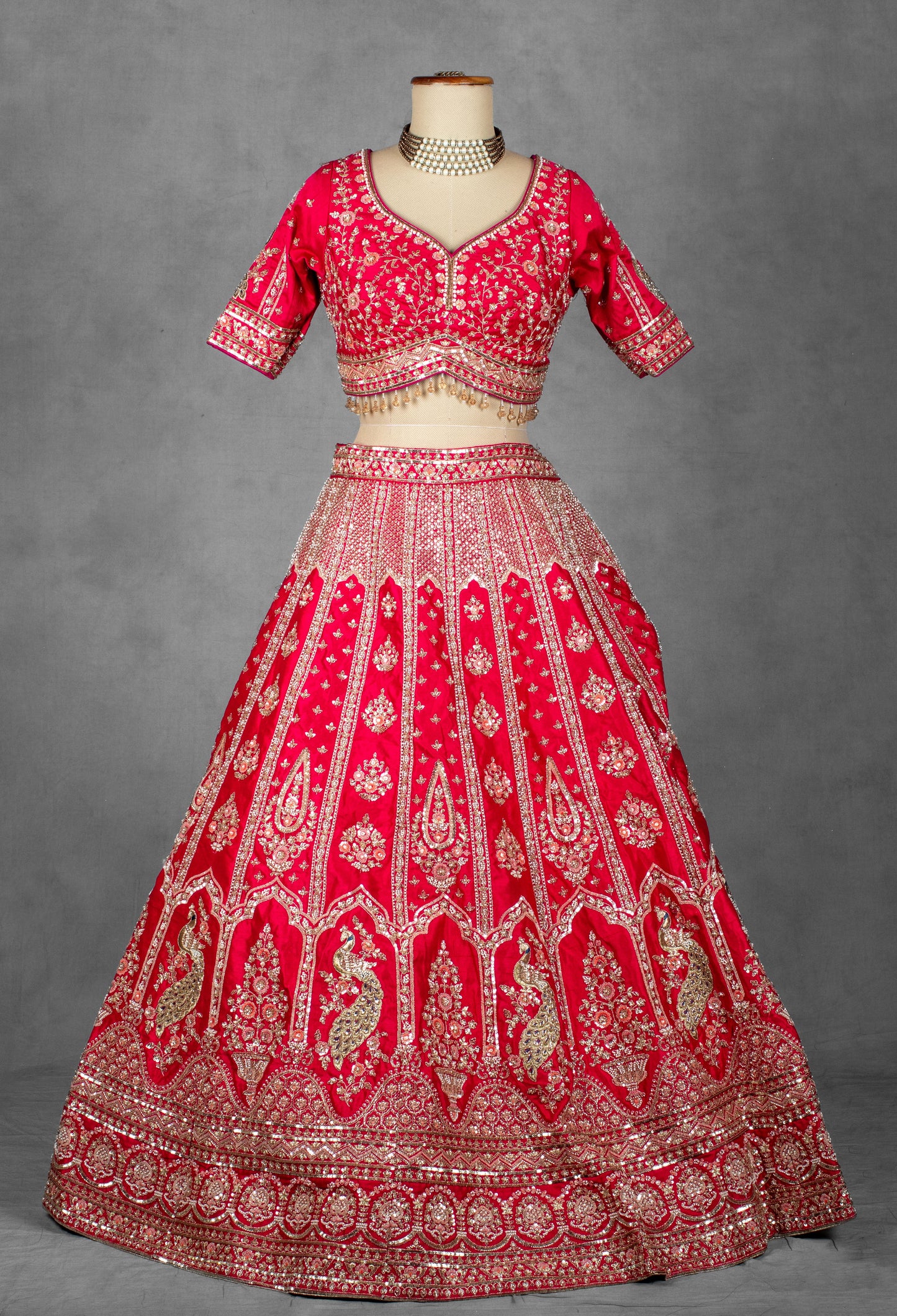Red Embroidered Bridal Crop Top Lehenga Set with Net Dupatta
