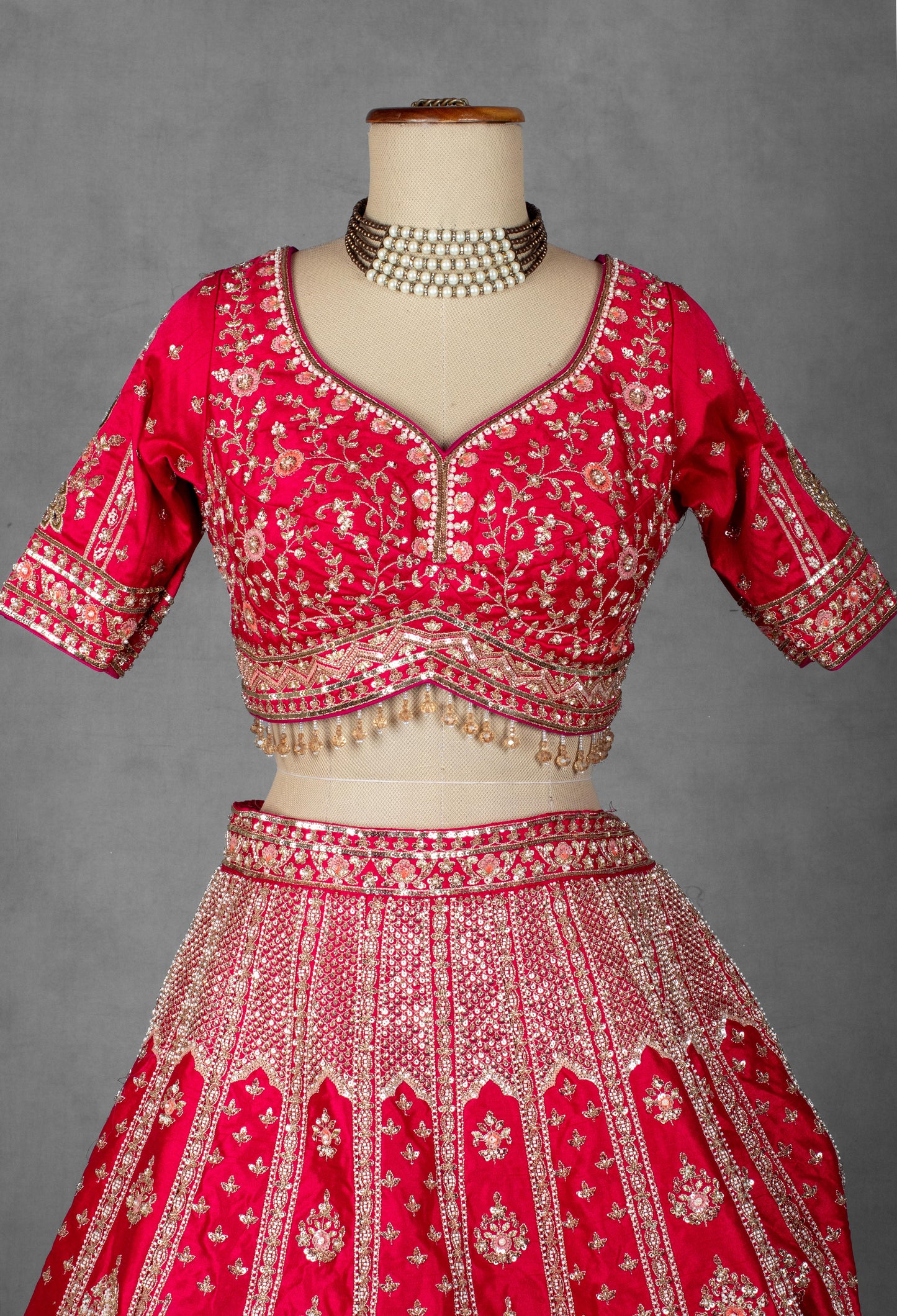 Red Embroidered Bridal Crop Top Lehenga Set with Net Dupatta
