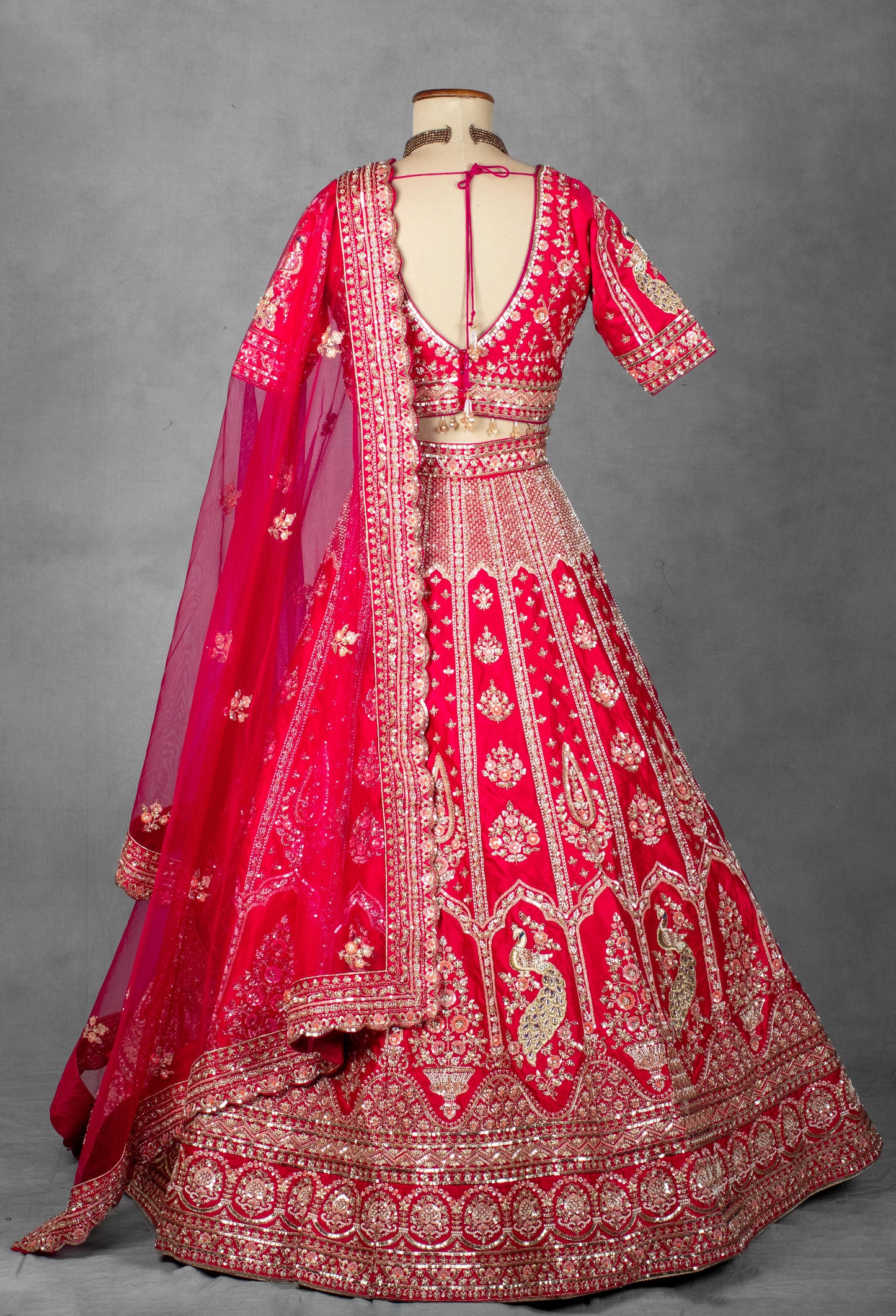 Red Embroidered Bridal Crop Top Lehenga Set with Net Dupatta