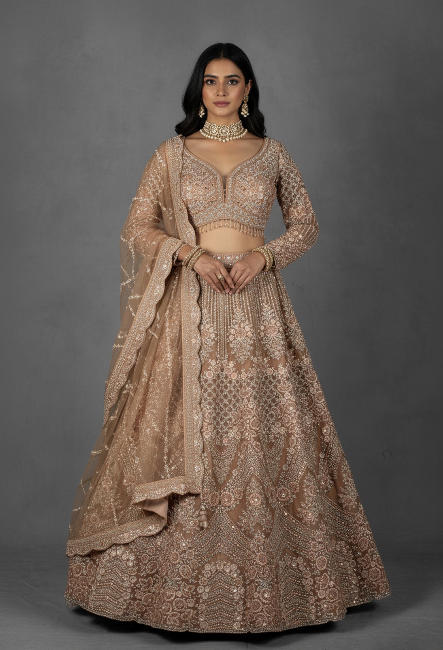Champagne Nude Hand-Embroidered Crop Top Lehenga Set with Net Dupatta