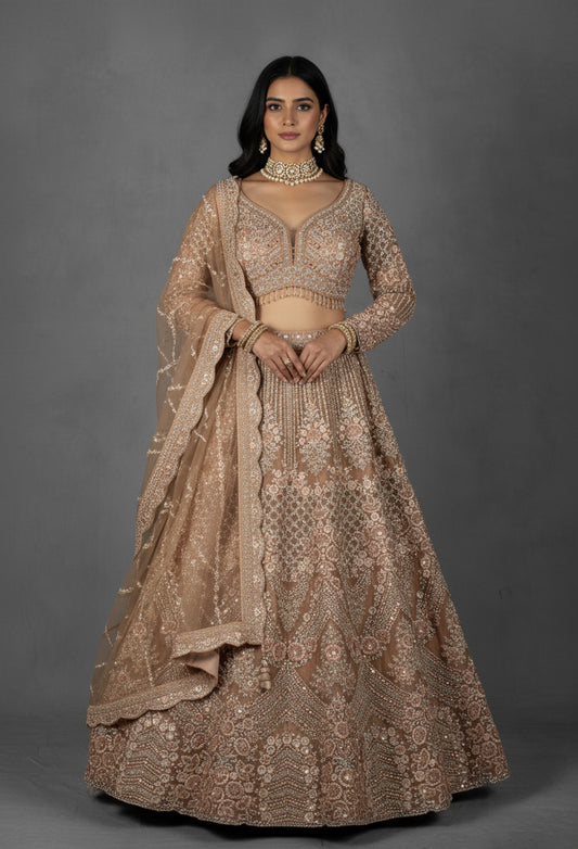 Champagne Nude Hand-Embroidered Crop Top Lehenga Set with Net Dupatta