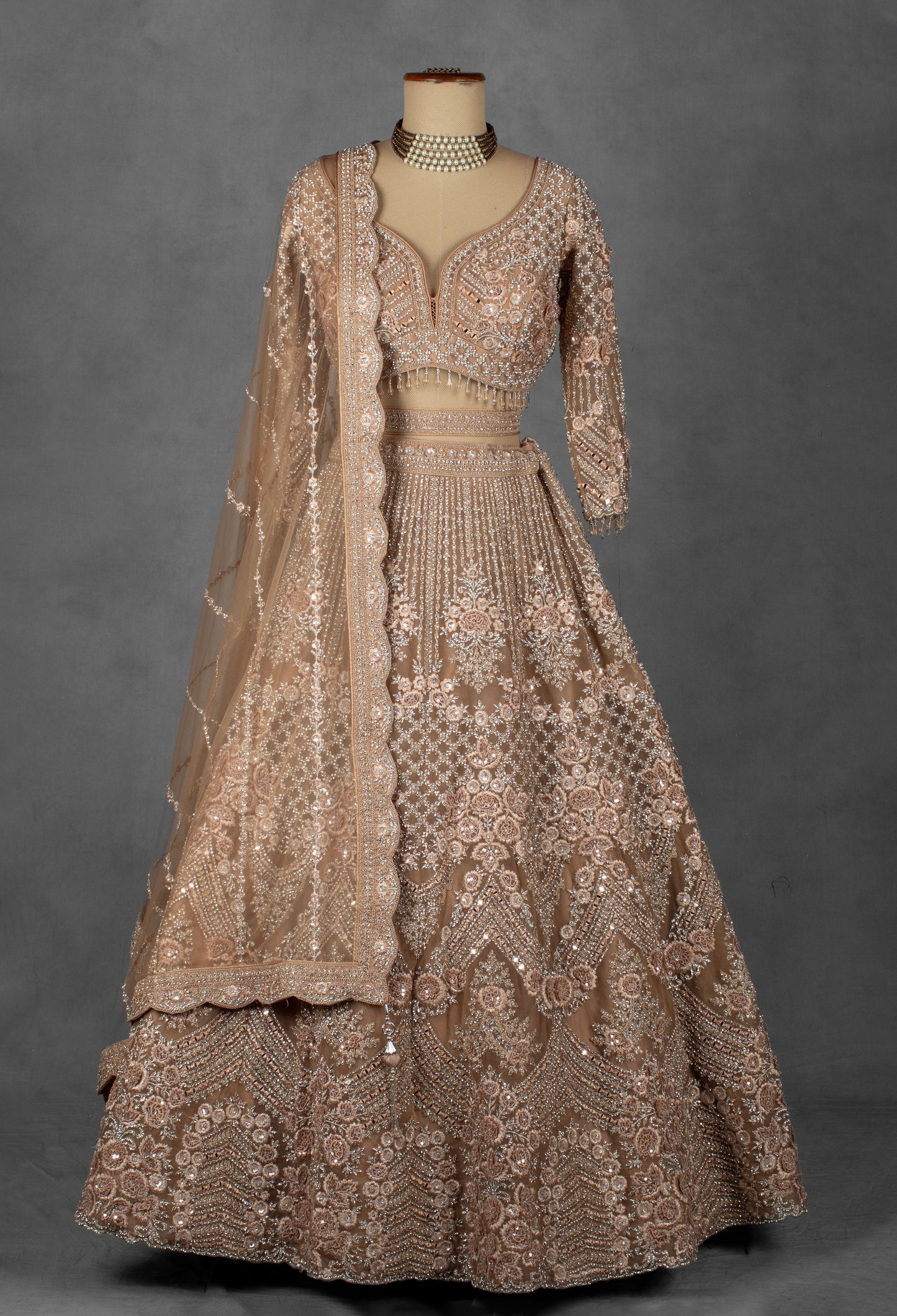 Champagne Nude Hand-Embroidered Crop Top Lehenga Set with Net Dupatta