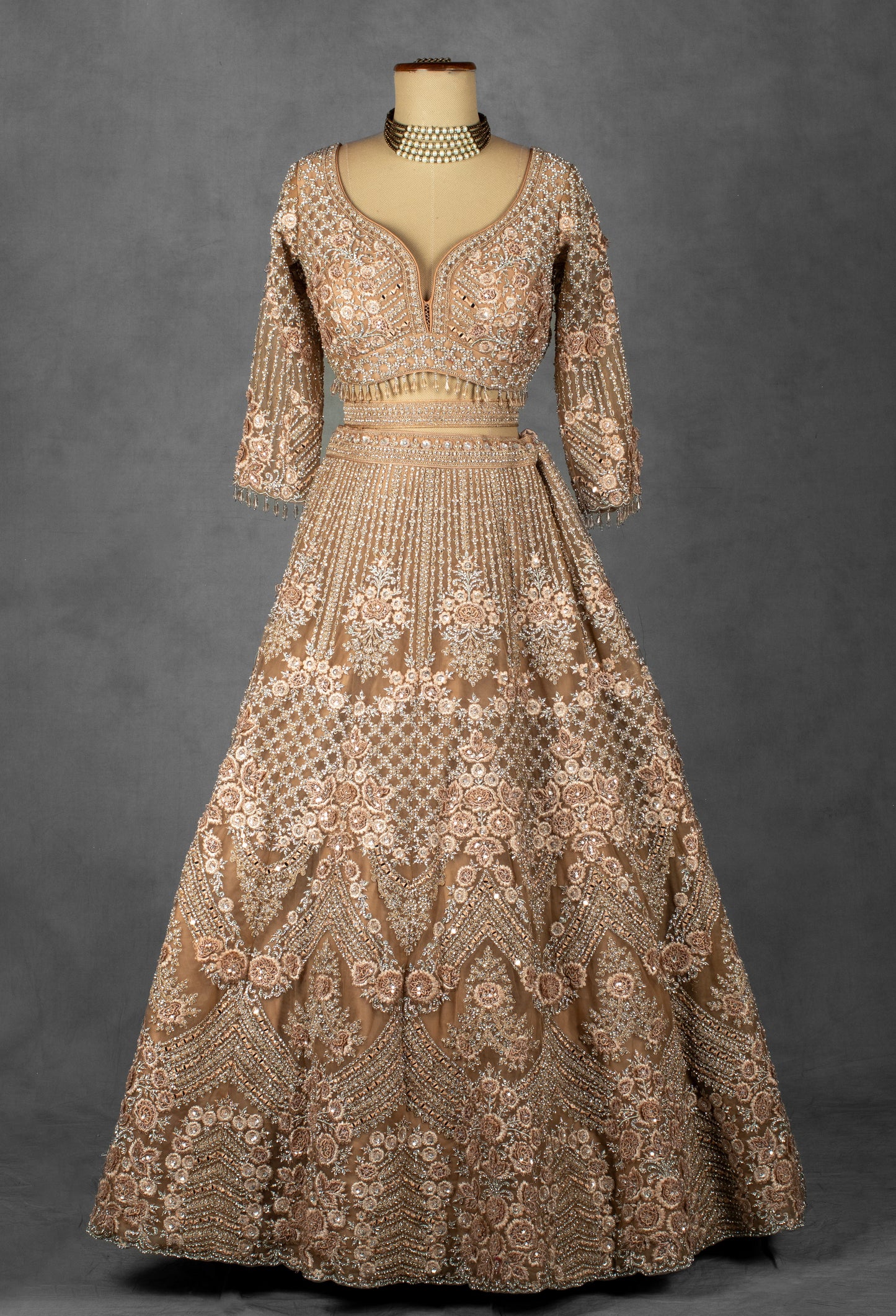Champagne Nude Hand-Embroidered Crop Top Lehenga Set with Net Dupatta