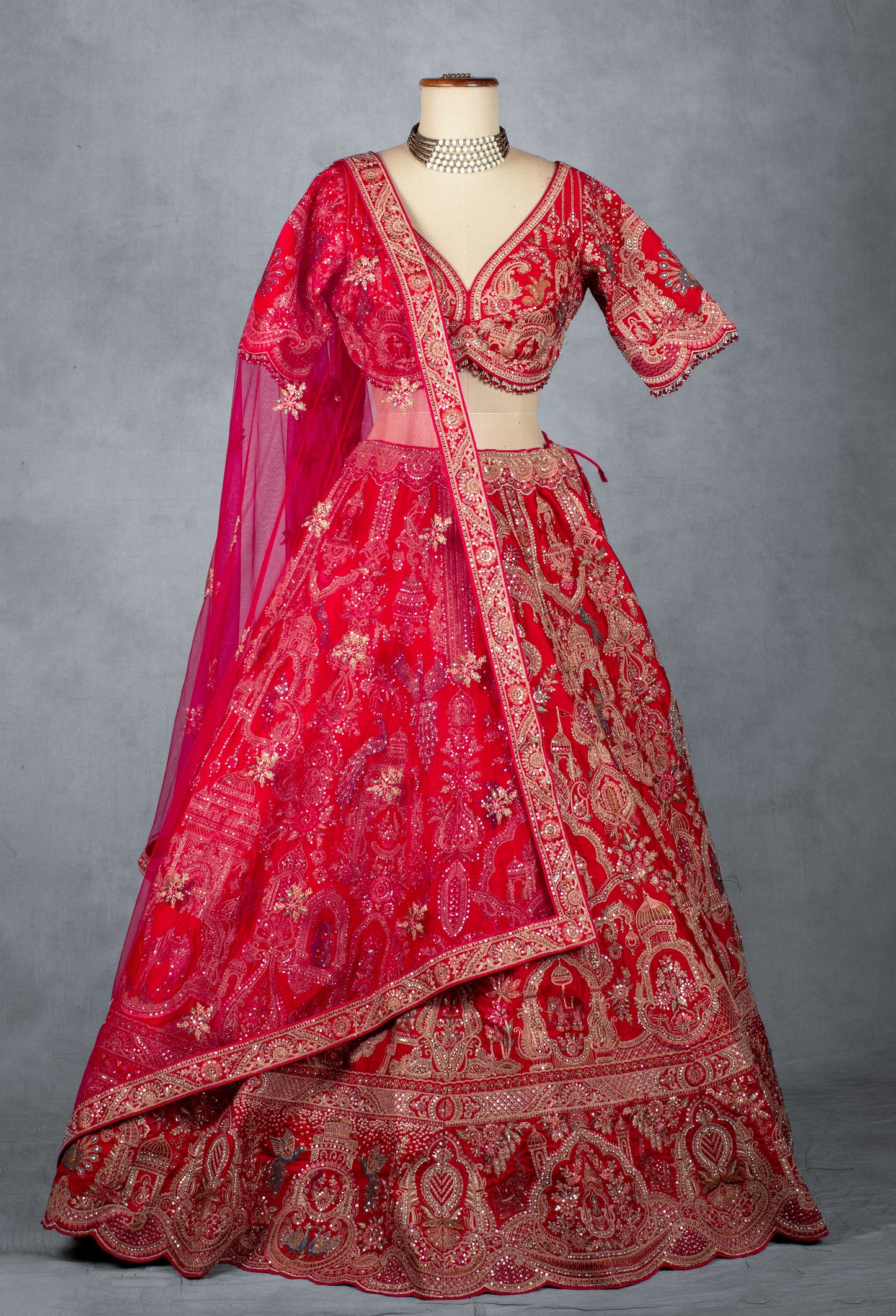 Ruby Red Hand-Embroidered Bridal Lehenga Set with Net Dupatta