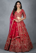 Ruby Red Hand-Embroidered Bridal Lehenga Set with Net Dupatta