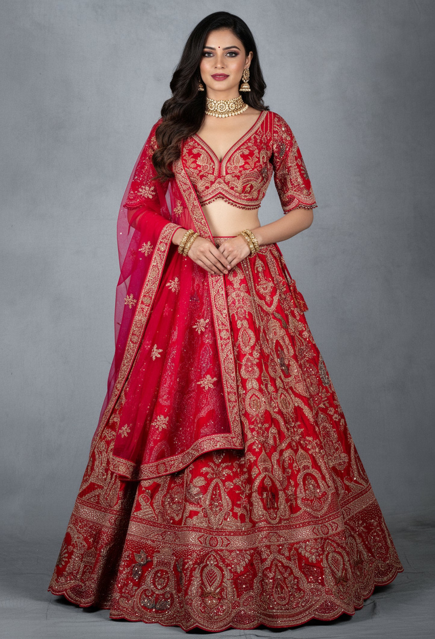 Ruby Red Hand-Embroidered Bridal Lehenga Set with Net Dupatta