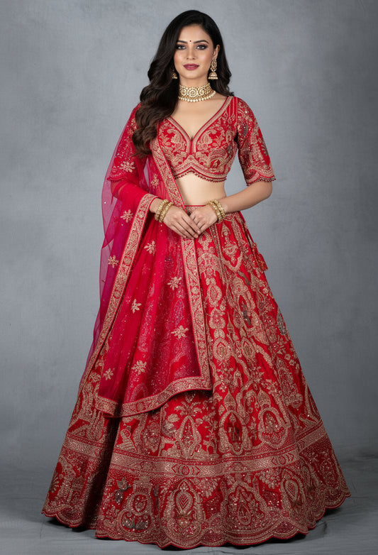 Ruby Red Hand-Embroidered Bridal Lehenga Set with Net Dupatta