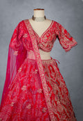 Ruby Red Hand-Embroidered Bridal Lehenga Set with Net Dupatta
