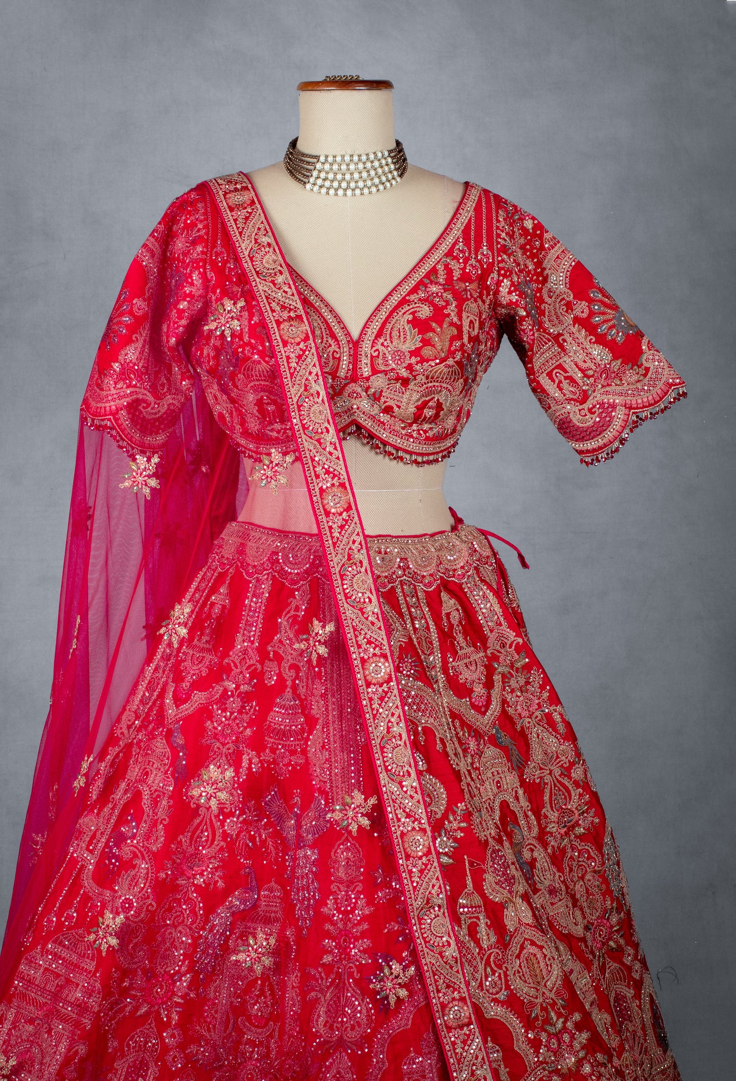 Ruby Red Hand-Embroidered Bridal Lehenga Set with Net Dupatta