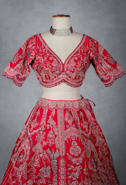Ruby red hand-embroidered bridal lehenga set with net dupatta – product image 2