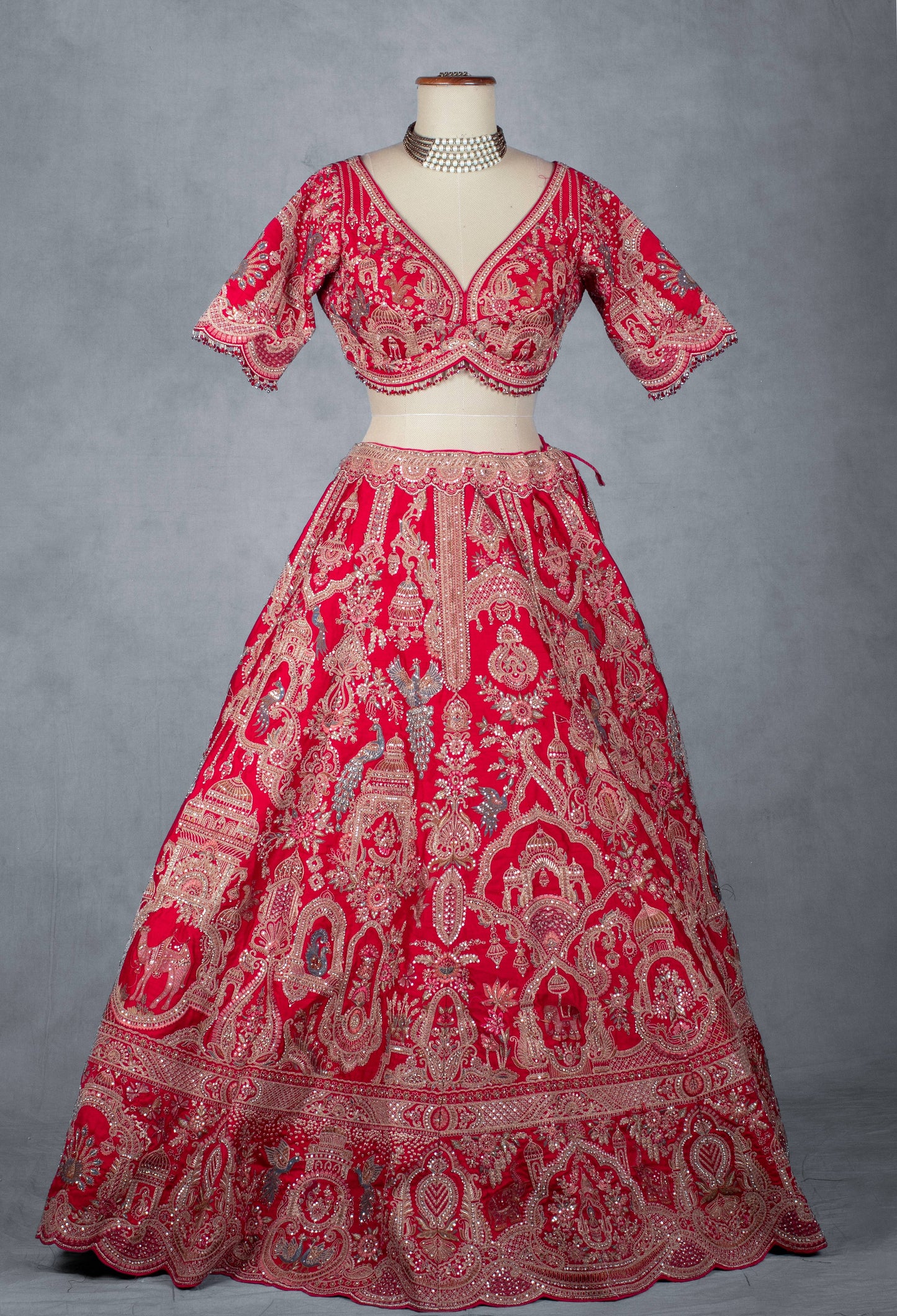 Ruby Red Hand-Embroidered Bridal Lehenga Set with Net Dupatta