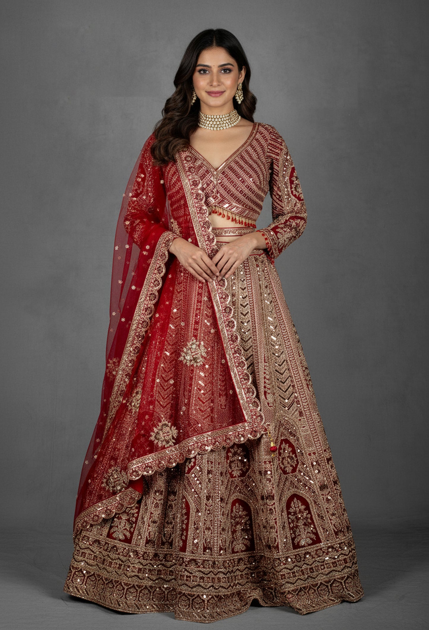 Deep Red Hand-Embroidered Bridal Crop Top Lehenga Set with Net Dupatta