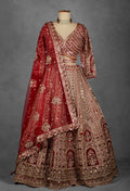Deep Red Hand-Embroidered Bridal Crop Top Lehenga Set with Net Dupatta