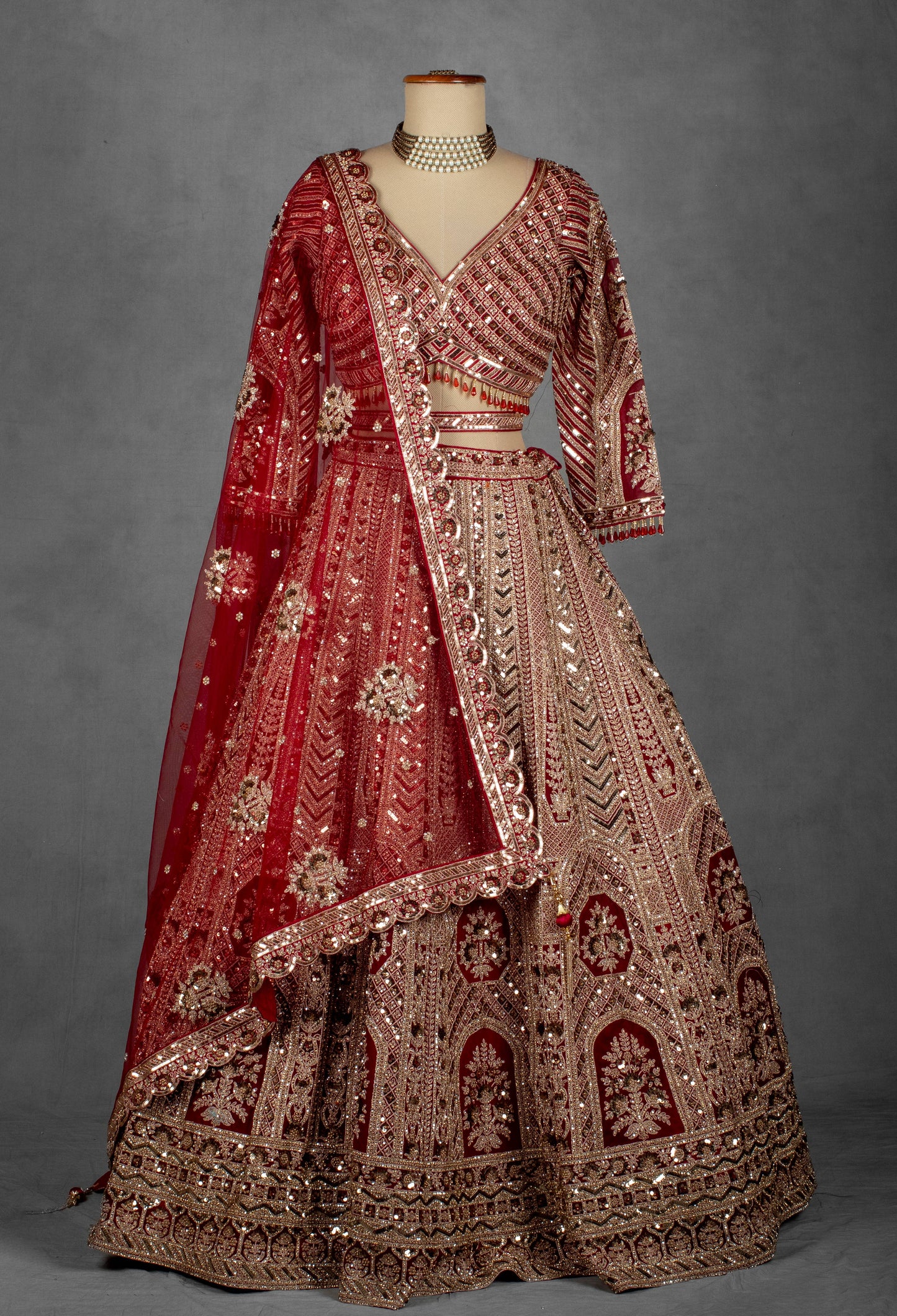 Deep Red Hand-Embroidered Bridal Crop Top Lehenga Set with Net Dupatta