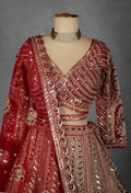 Deep Red Hand-Embroidered Bridal Crop Top Lehenga Set with Net Dupatta