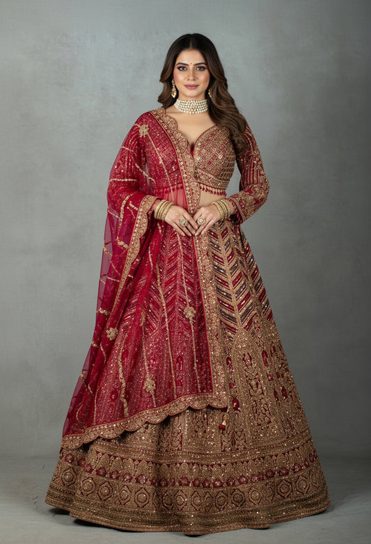 Champagne Gold Hand-Embroidered Bridal Crop Top Lehenga Set with Net Dupatta