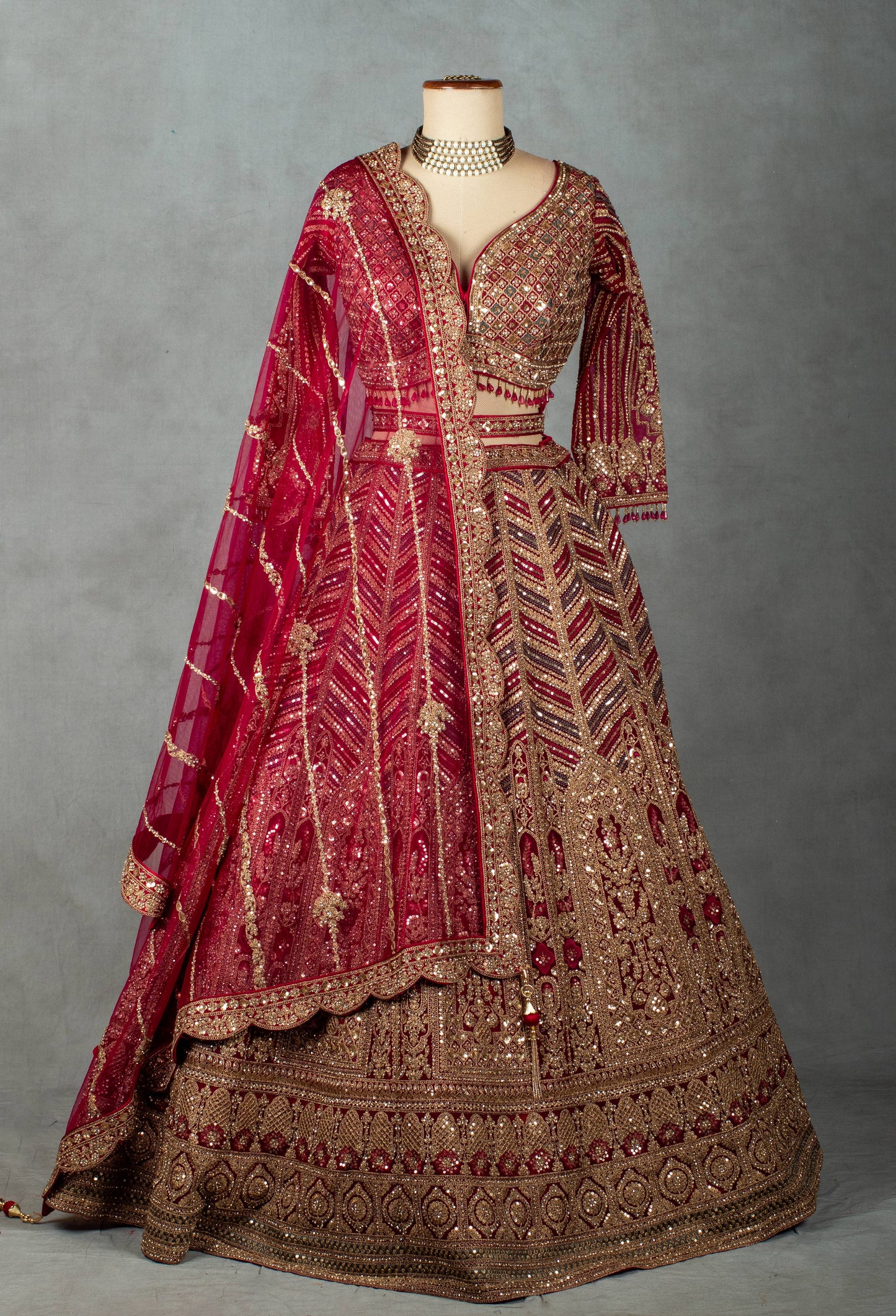 Champagne Gold Hand-Embroidered Bridal Crop Top Lehenga Set with Net Dupatta