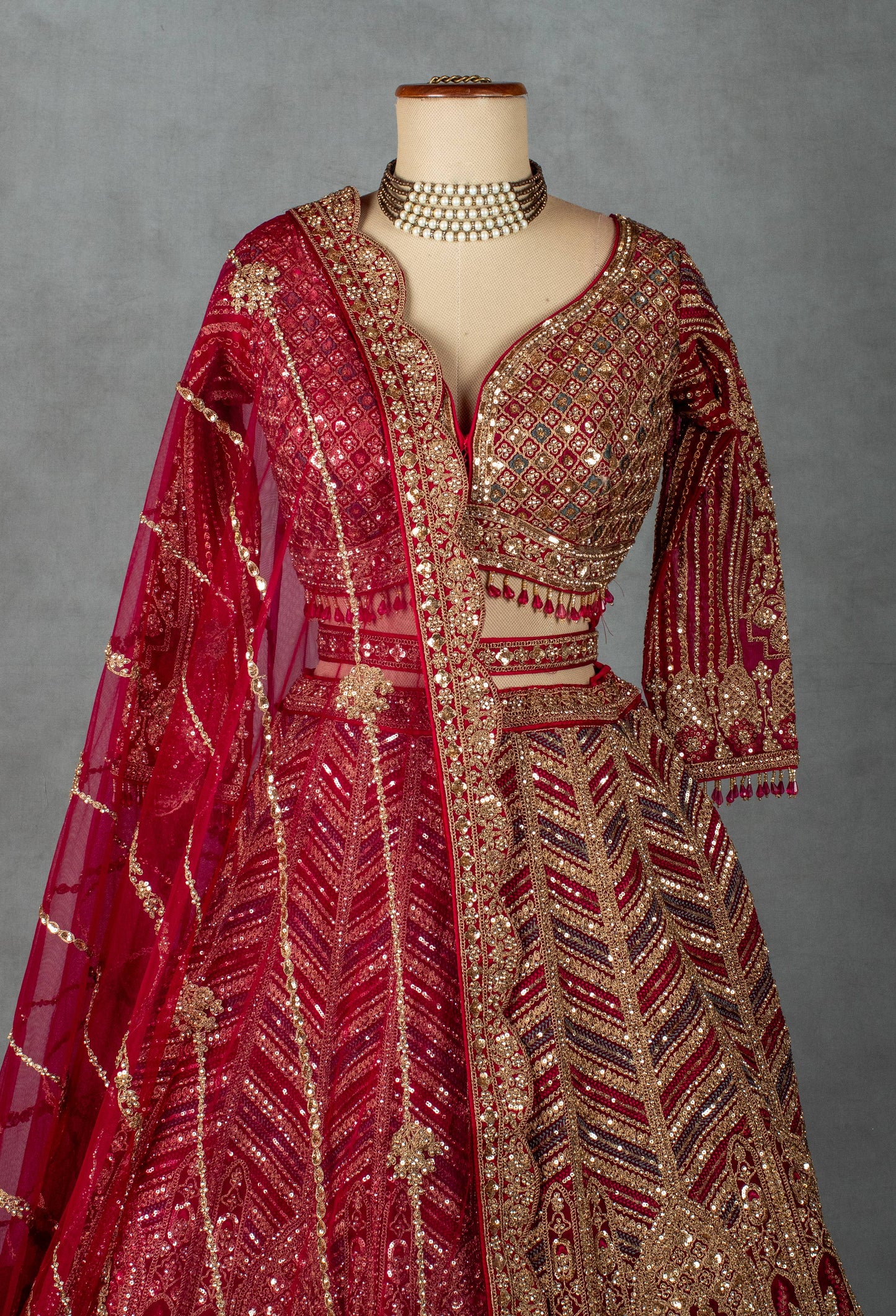 Champagne Gold Hand-Embroidered Bridal Crop Top Lehenga Set with Net Dupatta