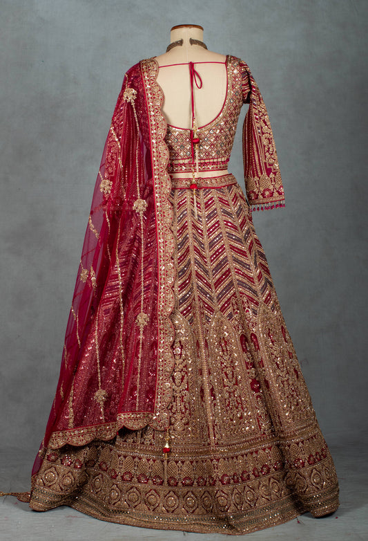 Champagne gold hand-embroidered bridal lehenga with net dupatta – product image 2