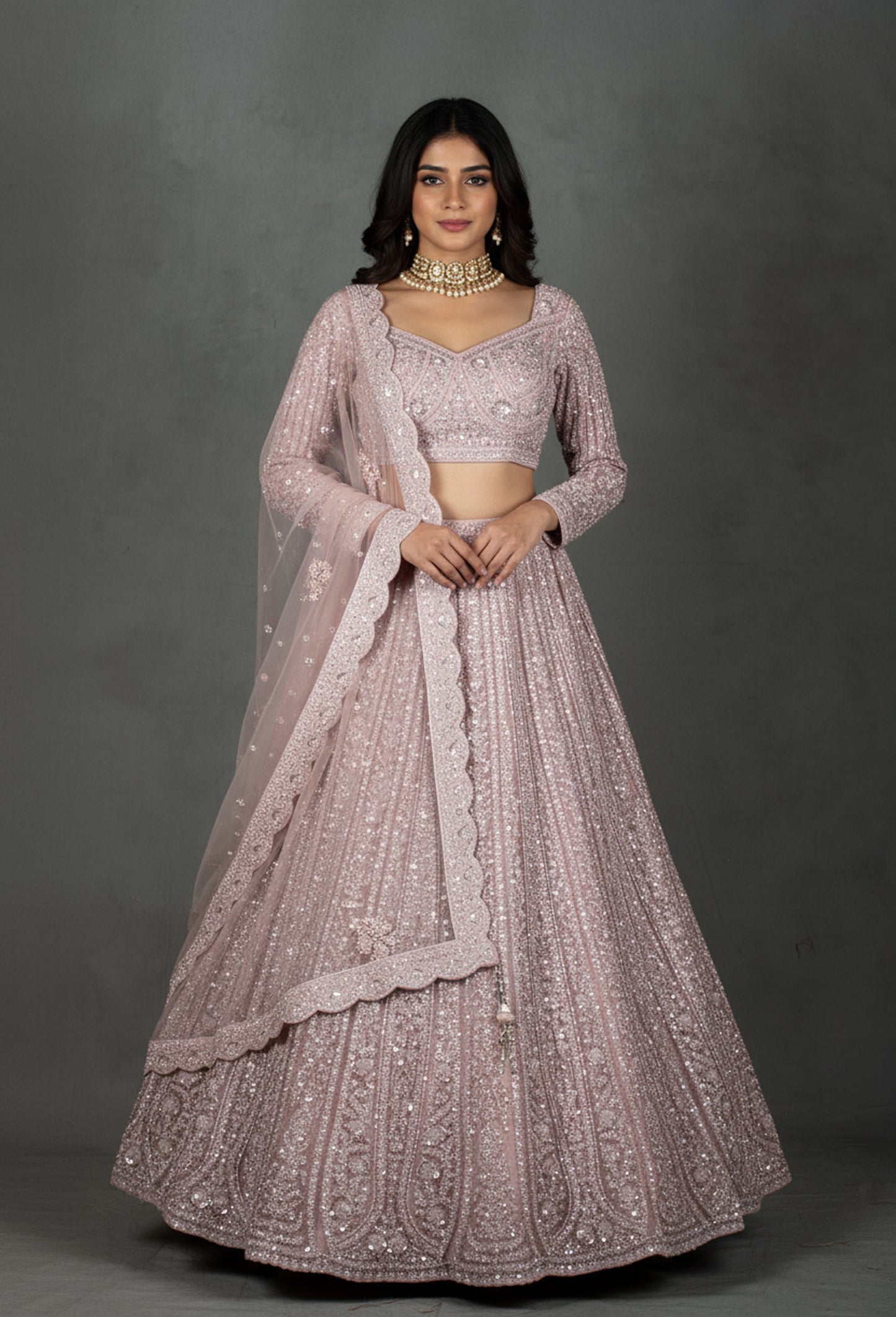 Blush Pink Sequin Embroidered Crop Top Lehenga Set with Net Dupatta