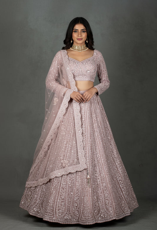 Blush Pink Sequin Embroidered Crop Top Lehenga Set with Net Dupatta