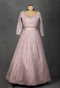 Blush Pink Sequin Embroidered Crop Top Lehenga Set with Net Dupatta