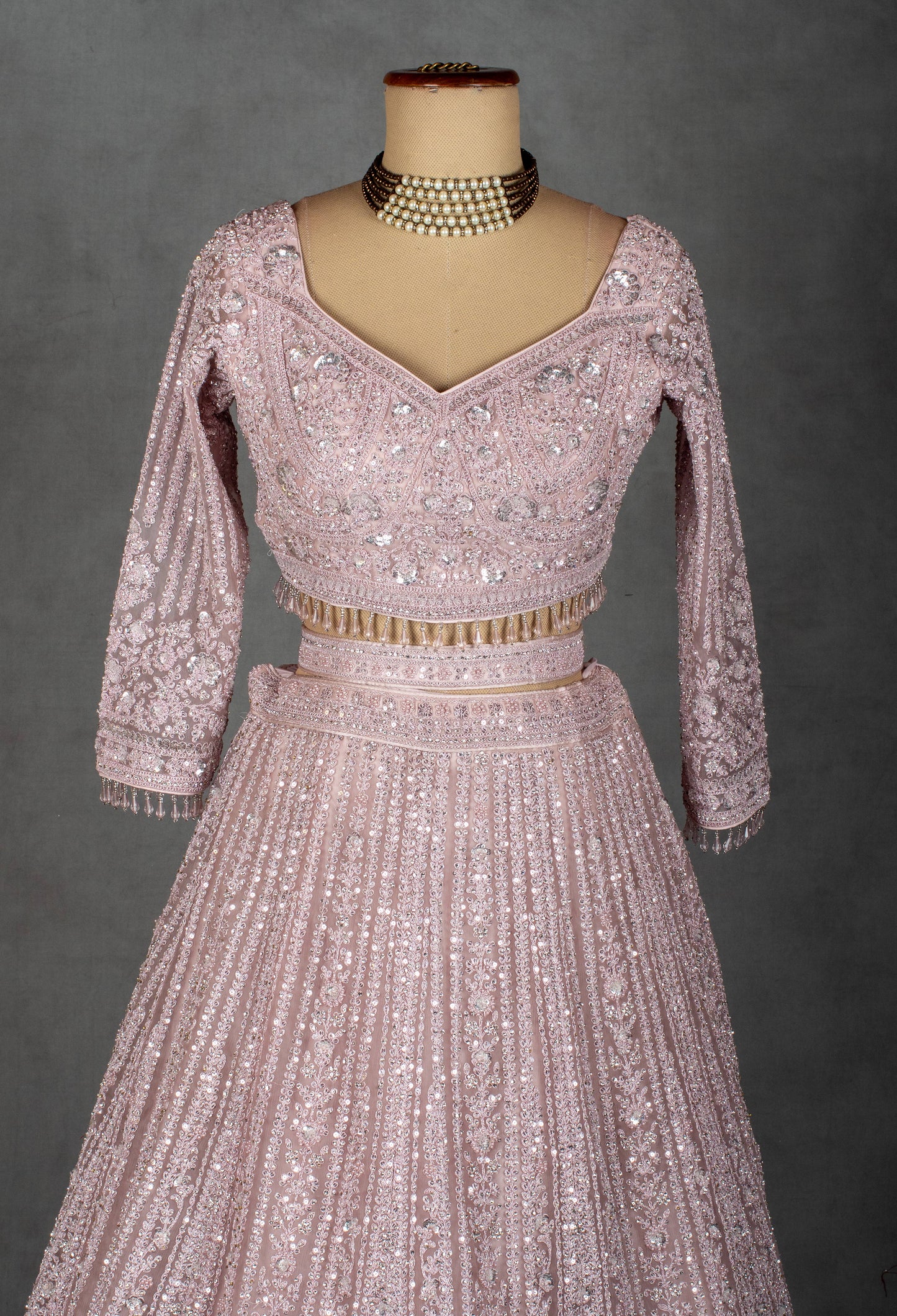 Blush Pink Sequin Embroidered Crop Top Lehenga Set with Net Dupatta